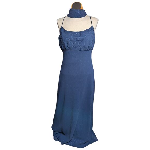 Vtg 1990s Jump Apparel Navy Blue Glitter Quilted Bust Embellished Dress 13 14 - Picture 2 of 7